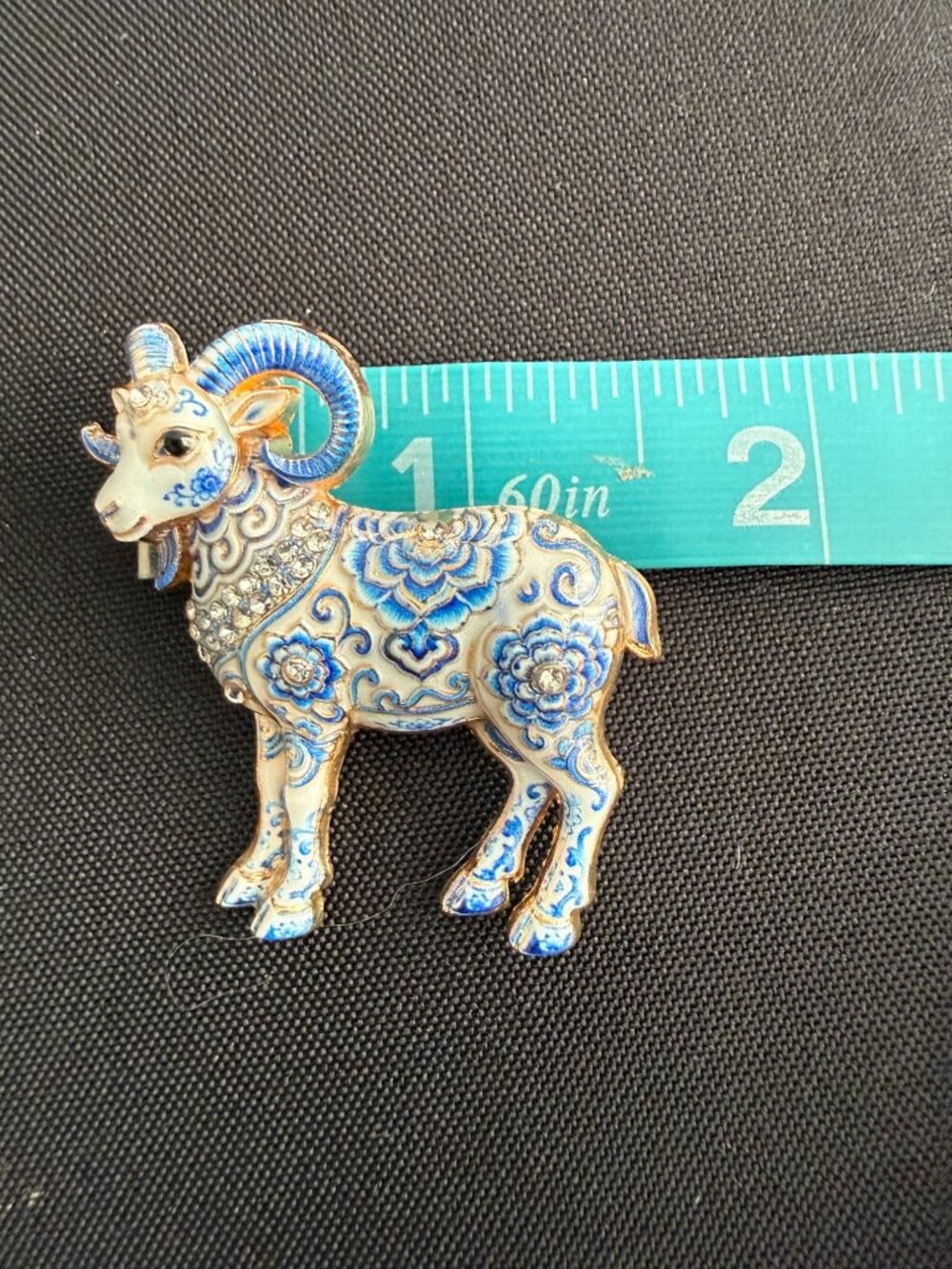 Blue & White Porcelain-Look Brooch Duo – Kitten & Ram Enamel Rhinestone Pins, Go - Picture 3 of 8
